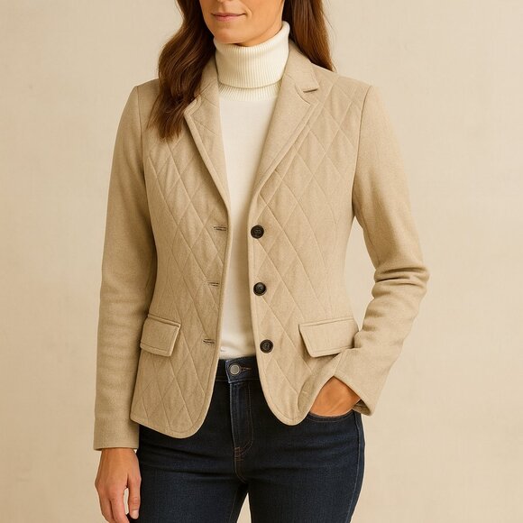 Talbots Wool Blend Quilted Blazer Jacket Beige Knit Sleeve Womens Size 6 Classic - Picture 1 of 8
